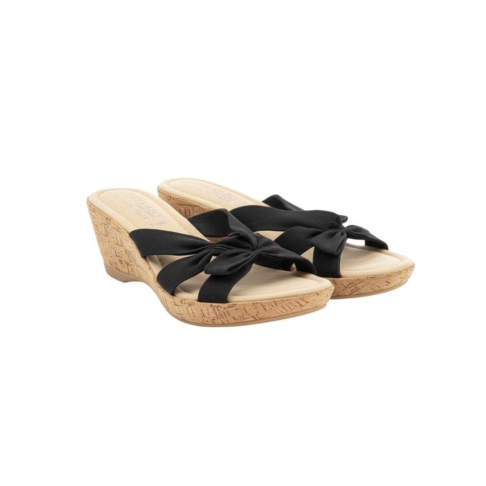 Tuscany by Easy Street Black Bow Cork Wedge Sandals Made in Italy 6.5 Summer